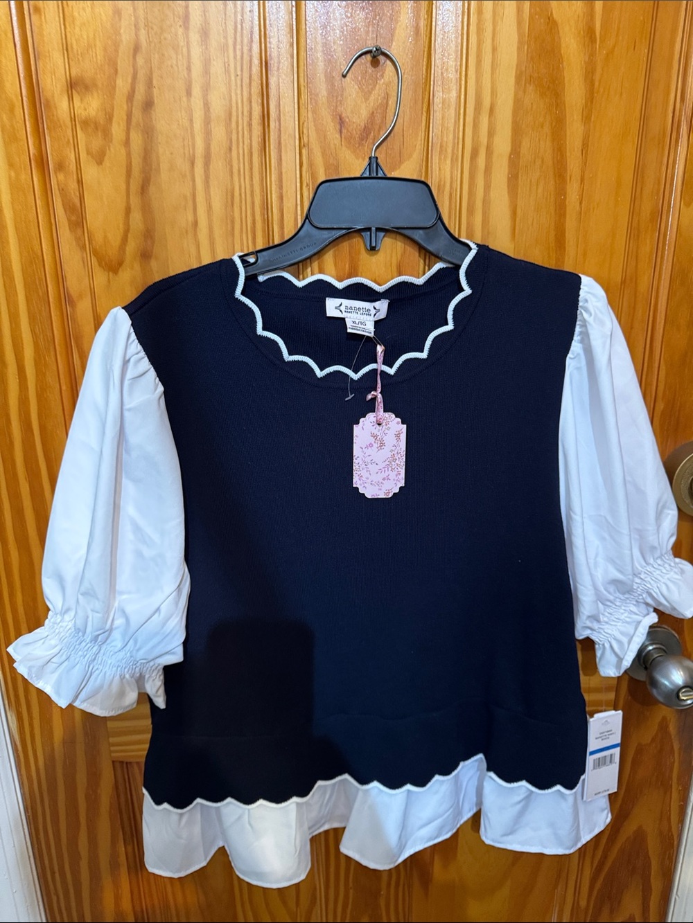 Nanette Lepore Navy and White Layered Peplum Sweater Dress